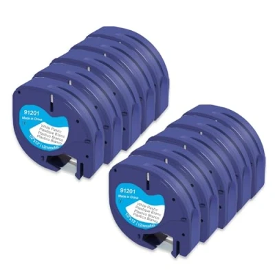 Abbildung von Molabel 10er Pack Etikettenband, kompatibel mit Dymo Letratag 91221 S0721660 91201, 12 mm x 4 m Schwarz auf Weiß Plastik Band für LT 100H LT110T TLabel Drucker