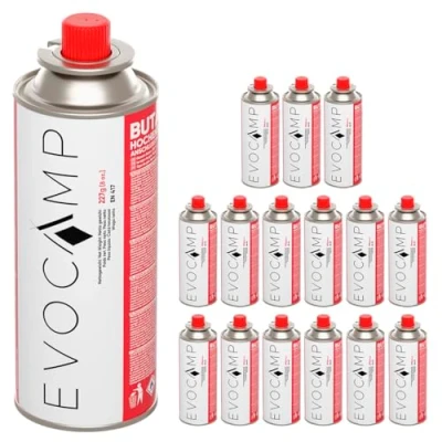 Abbildung von EVOCAMP 16x Stück Butan Gaskartuschen 227g Typ MSF 1a Bajonett Ventil ideal für Campingkocher, Gasheizung, Unkrautbrenner, Camping Gas Butangas Kartusche, Universaldruckgasdose und BBQ