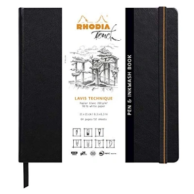 Abbildung von Rhodia 116127C Zeichenheft Pen &amp; Inkwash Book mit Hardcover, 21 x 21cm, 32 Blatt, Lavis Technik, blanko, 200g, 1 Stück, Schwarz