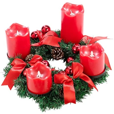 Abbildung von Britesta Adventskranz elektrisch: Adventskranz, rot, 4 rote LED Kerzen mit bewegter Flamme (Adventskranz Elektrische Kerzen, Adventskranzkerzen, Kabellose Weihnachtskerzen)