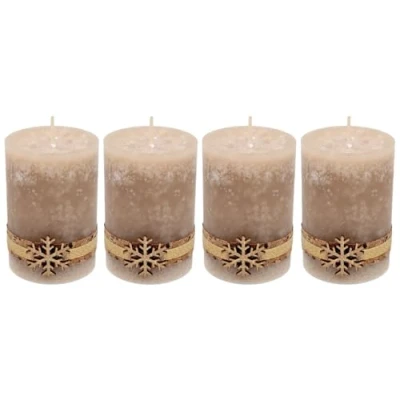 Abbildung von ZauberDeko 4 Adventskerzen Kerzen Stumpenkerzen Beige Schneeflocke Holz Advent Weihnachten Deko Tischdeko