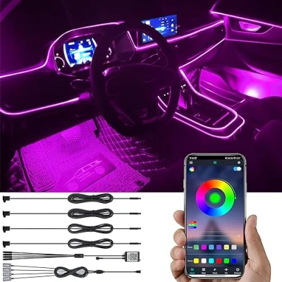 Abbildung von TABEN Auto Umgebungsbeleuchtung Kit 5 m Glasfaser 64 Farben Bluetooth APP Steuerung USB Fußraum Atmosphärenlicht, DIY 16 Millionen RGB Mehrfarbig Soun Musik Sync Innenbeleuchtung DC 12 V