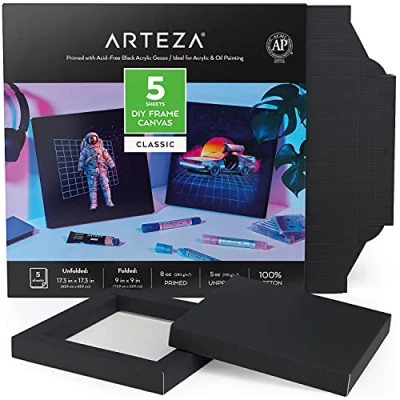 Abbildung von Arteza DIY Leinwand Rahmen, 5 Blatt, 22.9 x cm gefaltet, 100% Baumwolle, 280 g/m² schwarze zum Bemalen, Malkarton für Acrylfarben, Ölmalerei und Zeichnungen