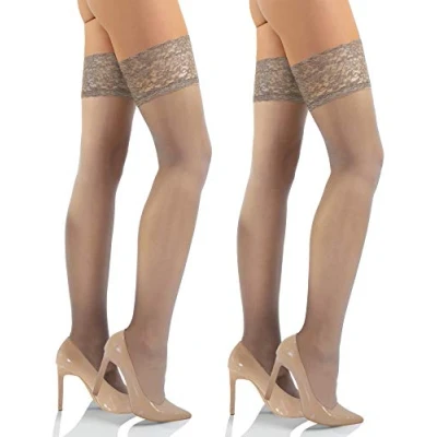 Abbildung von sesto senso Halterlose Strümpfe mit Spitze 2er Pack 15 DEN Feinstrümpfe Damen 3XL/4XL Miele Beige Hautfarbe