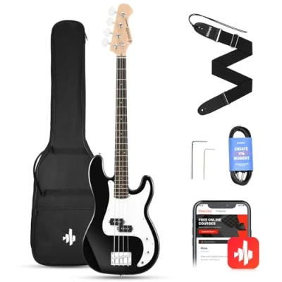 Abbildung von Donner E Bass Gitarre Anfänger Set, 4 Saiten P Stil Gitarren in voller Größe Elektrobass mit Gitarrentasche, Gitarrengurt und Gitarrenkabel (Schwarz)