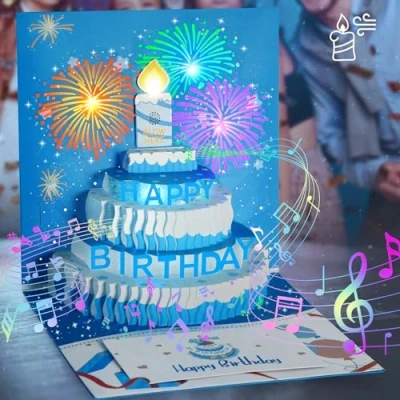Abbildung von LUZOON Geburtstagskarte mit Musik, 3D Feuerwerk und Blowable LED Licht Kerze, Lichtern, Geburtstagsgeschenk für Eltern, Liebhaber Kinder (Blau)