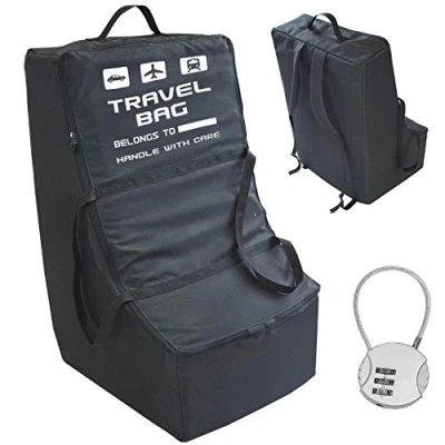 Abbildung von Premium Qualität Kindersitz Transporttasche Größe zu 80x45x45cm Reisetasche Rucksack Flughafen beim Einchecken Tragetasche für Kinderautositze Schwarz Kostenloses Vorhängeschloss [085]