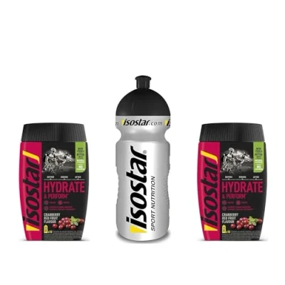 Abbildung von Isostar Hydrate &amp; Perform Iso Drink 400 g isotonisches Getränkepulver Elektrolyt Pulver zur Unterstützung der sportlichen Leistungsfähigkeit 2 x Cranberry + 0,5 Liter Flasche