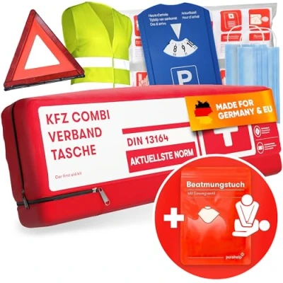 Abbildung von PURAHELP KFZ Kombitasche nach aktueller Norm 2025 DIN 13164 (StVO konform) Inkl. Warndreieck, Warnweste, Parkscheibe Verbandskasten Warndreieck Set Auto