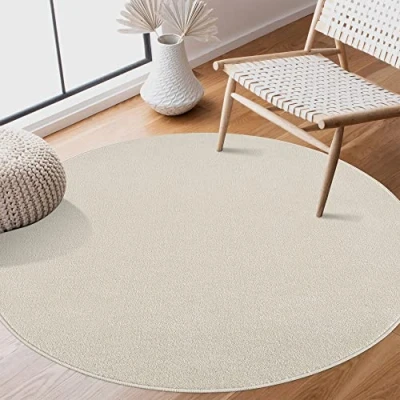 Abbildung von SANAT Kurzflor Teppich Wohnzimmer Uni Modern Teppiche fürs Schlafzimmer, Arbeitszimmer, Büro, Flur, Kinderzimmer und Küche Creme, 120 cm Rund