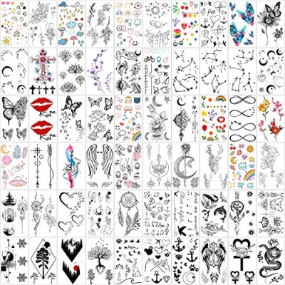 Abbildung von Yazhiji 60 Blatt Winzige wasserdichte temporäre Tattoos Mondsterne Konstellationen Musikkompass Wörter Linien Blumen für Kinder Erwachsene Männer und Frauen