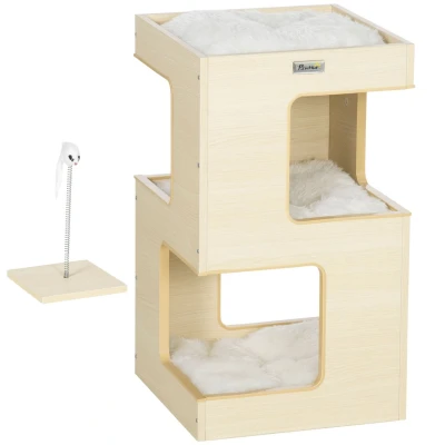 Abbildung von Katzenhöhle, Katzenhütte, 3 stufiger Katzenschrank mit Kissen, Eiche