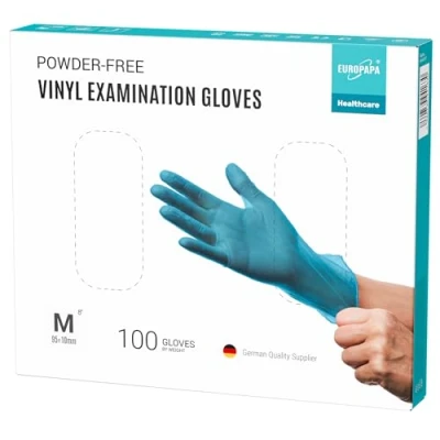 Abbildung von EUROPAPA 100x Vinylhandschuhe Einweghandschuhe Untersuchungshandschuhe Einmalhandschuhe latexfrei puderfrei Vinyl Handschuhe in Gr. S, M, L &amp; XL verfügbar (Blau, M)