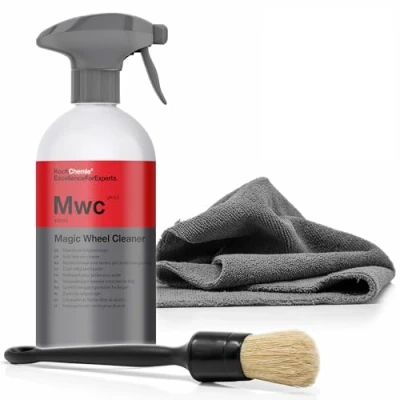 Abbildung von detailmate Felgenreingung Set: Koch Chemie MWC Magic Wheel Cleaner Säurefreier Felgenreiniger 500ml + ValetPro Reiningunspinsel Mikrofasertuch zum Auspolieren (Set weicher Pinsel)
