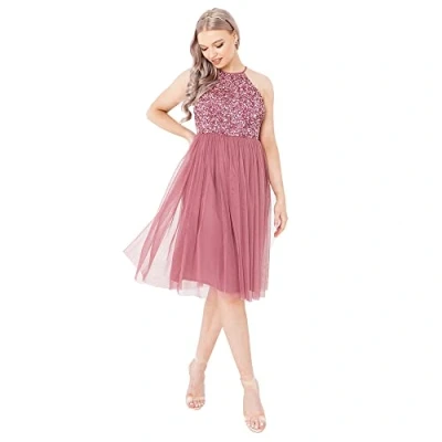 Abbildung von Maya Deluxe Damen Womens Ladies Midi Dress With Halter Neck Tulle For Evening Graduation Prom Wedding Bridesmaids Ball Gown Brautjungfernkleid, Desert Rose, 36 EU