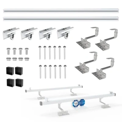 Abbildung von NuaSol PV Photovoltaik 1er Montage Set Ziegeldach Befestigung Schiene Dachhaken inkl.Solar Aluprofil ,Endkappen , 35 mm Endklammern bis 115 cm Breite und pro Modul