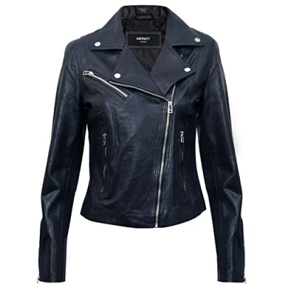 Abbildung von Infinity Leather Damen Schwarz Echtes Leder Ausgestattet Motorradfahrer Reißverschluss Mode Jacke L