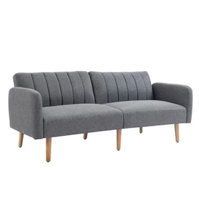 Abbildung von HOMCOM Schlafsofa, 2 Sitzer Sofa mit Schlaffunktion, Verstellbare Rückenlehne, Dick Gepolsterte Couch, Armlehne, Schlafcouch Holzbeine für Wohnzimmer, Gästezimmer, 173 x 75 73 cm, Grau