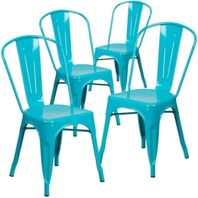 Abbildung von Flash Furniture Stapelbarer Stuhl aus Metall, für drinnen und draußen, Kunststoff, Eisengummi, Kristall, Blaugrün, 4 Stück