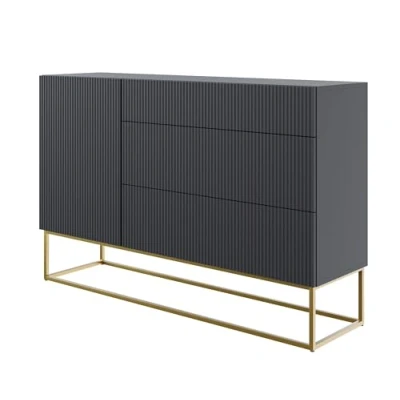 Abbildung von Selsey Kommode Schrank Aufbewahrungsschrank 140 cm Mit 3 Schubladen Und 1 Tür Schwarz Goldene Beine Veldio