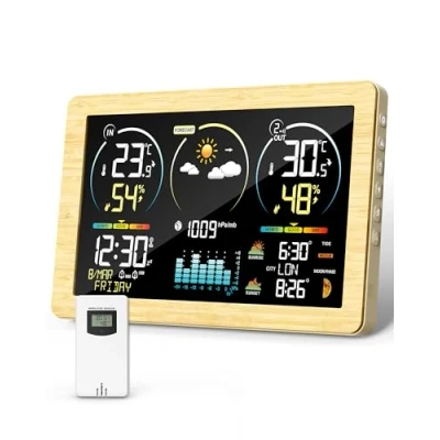 Abbildung von VOKSUN Wetterstation Funk mit Außensensor &amp; Farbdisplay Wettervorhersage, Innen/Außen Thermometer Hygrometer, Luftdruckmessung Schlummerwecker, Dual Strom (Batterie/Netzbetrieb) Weiß
