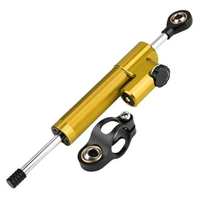 Abbildung von Motorrad Lenkungsdämpfer, Universal Lenkungsdämpferstabilisator aus Aluminiumlegierung Dämpfer Stabilisator Linear umgekehrt mit Montagehalterung (golden + schwarz)