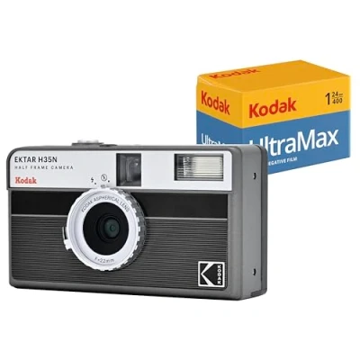 Abbildung von Kodak EKTAR H35N Halbformat Filmkamera Set mit Ultramax 24EXP Rollfilm (Schwarz gestreift)