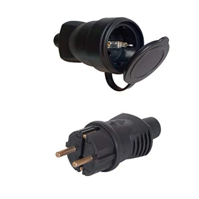 Abbildung von Stecker und Kupplung mit Abdeckkappen wasserdicht feuchtraum aussen schukostecker IP44 (Stecker SET)