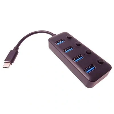 Abbildung von PremiumCord USB C Hub auf 4X 3.0, Aluminiumgehäuse, Netzschalter, 5Gbps, SuperSpeed 3.1 Typ C, Farbe schwarz, Länge 20cm