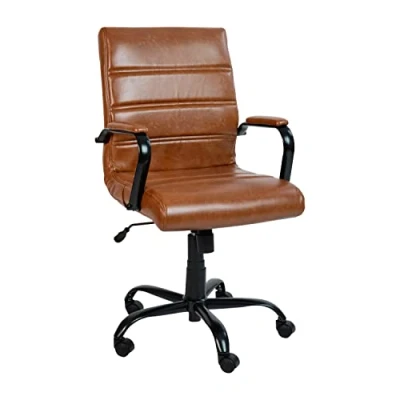 Abbildung von Flash Furniture Whitney Drehstuhl mit mittelhoher Rückenlehne, Leder, Sitz und Armlehnen Polsterung, höhenverstellbar, Braun/Schwarz