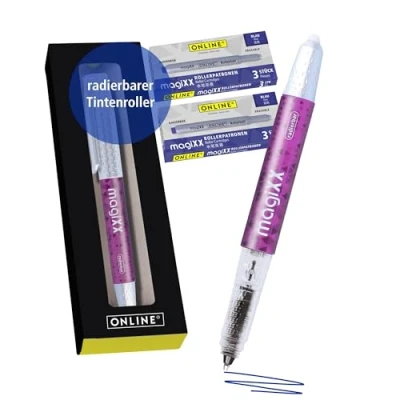 Abbildung von Online magiXX radierbarer Tintenroller Lila mit Tintenpatronen I Rollerball 0,7mm Strichstärke inkl. 7x Patrone blau Stift