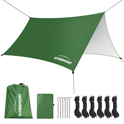 Abbildung von Overmont Camping Zeltplane 3m x Tarp Multifunktional Tragbar Sonnensegel mit 6 Heringe und Seilen Sonnenschutz für Hängematte Outdoor Reisen Picknick Grün