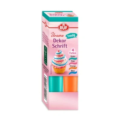 Abbildung von RUF Zucker Schrift in bunten Trend Farben, 4 Tuben Dekor Türkis, Pink, Orange &amp; Blau, zum Verzieren von Torten, Muffins Fondant, x 25g