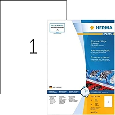 Abbildung von HERMA 10784 Wetterfeste Folienetiketten, 80 Blatt, 210 x 297 mm, 1 pro A4 Bogen, Stück, selbstklebend, bedruckbar, matt, blanko Klebeetiketten Aufkleber aus Folie, weiß
