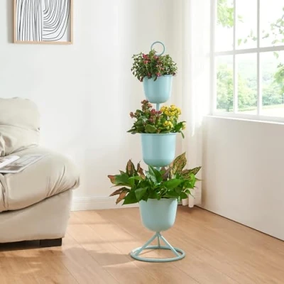 Abbildung von [en.casa] Blumenständer Alphen Blumentopfständer mit 3 Pflanztöpfen Blumentopfregal Pflanzenständer Blumentopfhalter Metall 110xØ28cm Hellblau