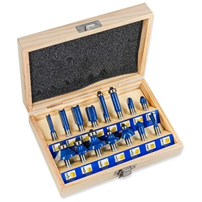 Abbildung von S&amp;R Fräsbohrer HM, Holzfräs Bits mit 8mm Schaft, Holzkoffer, geschmiedeter Stahl, (Set, 15 tlg), Schneidplatten aus Fräser für Oberfräse in robuster Holzbox