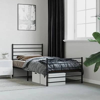 Abbildung von vidaXL Bettgestell, Bettrahmen mit Kopfteil Fußteil, Metallbett Bett Lattenrost, Einzelbett Gästebett Schlafzimmer, Metall Schwarz 90x200cm