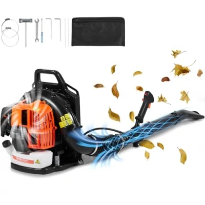 Abbildung von VEVOR Laubbläser als Rucksack, 63 CC 2 Takt Benzin mit 1,89 l Kraftstofftank, 1110 CFM Luftvolumen, 220 MPH Geschwindigkeit, ideal für Rasenpflege, Laubreinigung und Schneeräumung