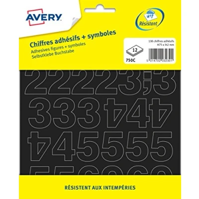 Abbildung von Avery Packung mit 138 schwarzen Zahlen (+ Symbole), Größe 75 mm
