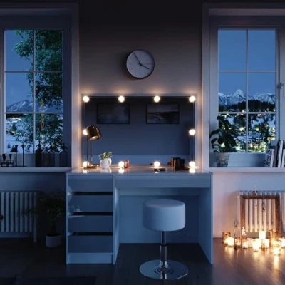 Abbildung von Vicco Schminktisch Sherry, Weiß, 120 cm mit LED Beleuchtung und Hocker