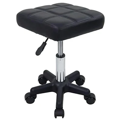 Abbildung von FURWOO Quadratischer Drehhocker mit Rädern PU Leahter Rollhocker Höhenverstellbarer Hocker für Spa Salon Massage Schwarz