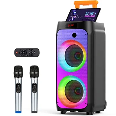 Abbildung von JYX Karaoke Anlage mit 2 drahtlosen Mikrofonen, Großer Lautsprecher Bluetooth Rädern und Disco Lichtern, Subwoofer PA System, Party Maschine Unterstützung TWS/USB/SD Karte/AUX/Rec