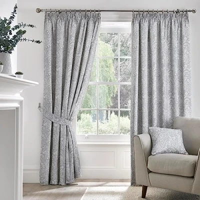Abbildung von Dreams &amp; Drapes graue jakobinische Vorhänge mit Blumenmuster, B 66 x L 90 (168 229 cm), hellgraue Bleistiftfalten, Raffhaltern