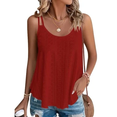 Abbildung von WNEEDU Damen Tank Tops Sommer Spaghetti Cami Oberteile Ärmellose Rundhalsausschnitt Blusen Top Shirts Rot S