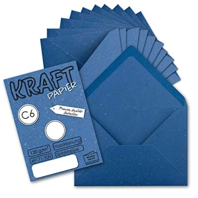 Abbildung von 25x Kraftpapier Umschläge DIN C6 Blau 11,4 x 16,2 cm ohne Fenster Vintage Briefumschläge mit Nassklebung Spitzklappe NEUSER PAPIER