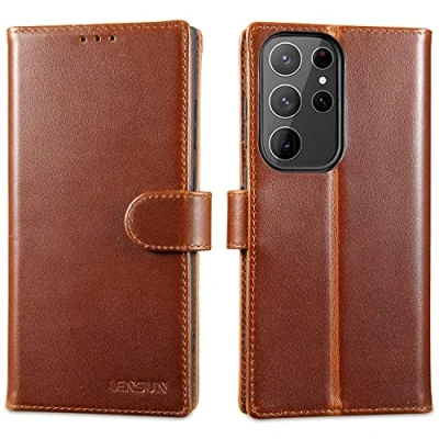 Abbildung von LENSUN Lederhülle für Samsung Galaxy S23 Ultra, Echtleder Handyhülle [Echtes Leder] [Magnetverschluss] Klappen Hülle Handytasche Ultra 5G Dunkelbraun