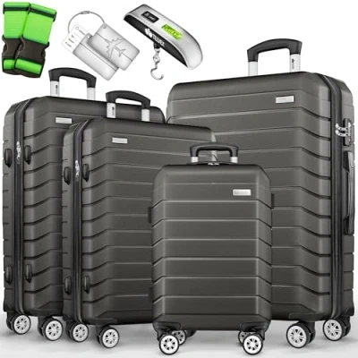 Abbildung von tillvex® Reisekoffer Set 4 TLG. + Gepäckwaage, 8X Koffergurte &amp; 4X Kofferanhänger Kofferset Rollen Trolley Gepäck Koffer TSA Schloss Rollkoffer Hartschalenkofferset S M L XL (Grau/Anthrazit)