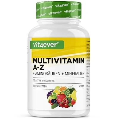 Abbildung von Multivitamin A Z 365 Tabletten (12 Monate) 32 aktive Inhaltsstoffe Kombination aus Mineralien + Aminosäuren Spurenelementen Pflanzenextrakten Vegan Hochdosiert