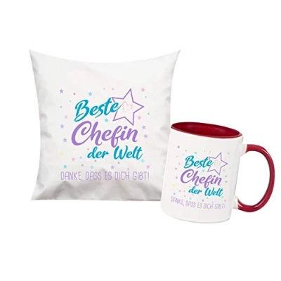 Abbildung von ShirtInStyle, Geschenkset, beste Chefin der Welt, danke das es dich gibt! Kissen und Tasse als Set Farbe weinrot