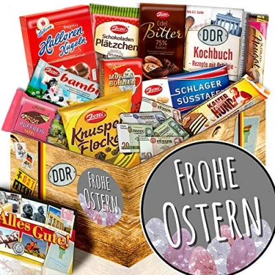 Abbildung von Frohe Ostern/Geschenk Ostern Großeltern/Geschenkkorb DDR Schoko